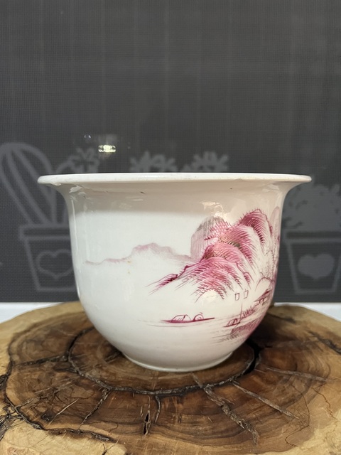 古玩陶瓷胭脂紅山水人物花盆拍賣,當前價格2500元