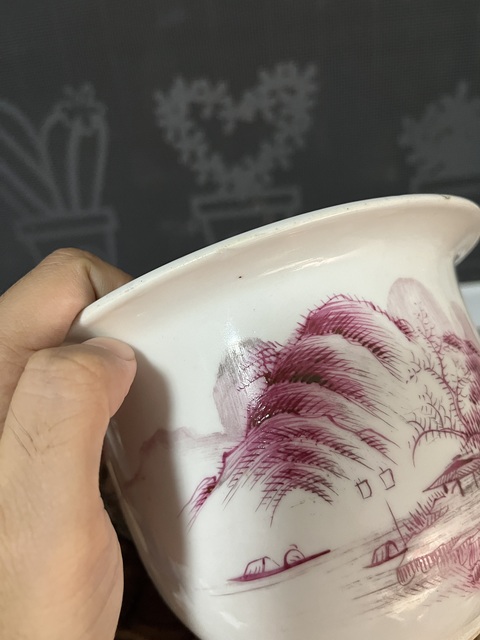 古玩陶瓷胭脂紅山水人物花盆拍賣,當前價格2500元
