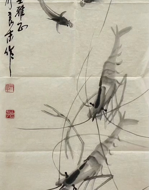 古玩字畫齊良末款寫意水墨魚蝦真品鑒賞圖