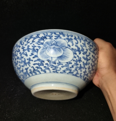 古玩陶瓷花卉紋青花研缽真品鑒賞圖