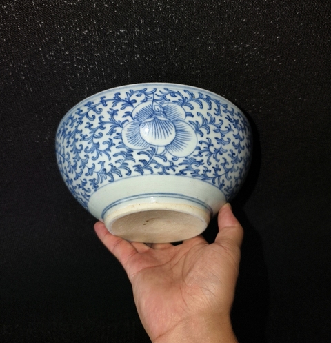 古玩陶瓷花卉紋青花研缽真品鑒賞圖
