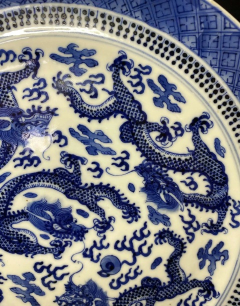 古玩陶瓷清中晚期 青花五龍盤真品鑒賞圖