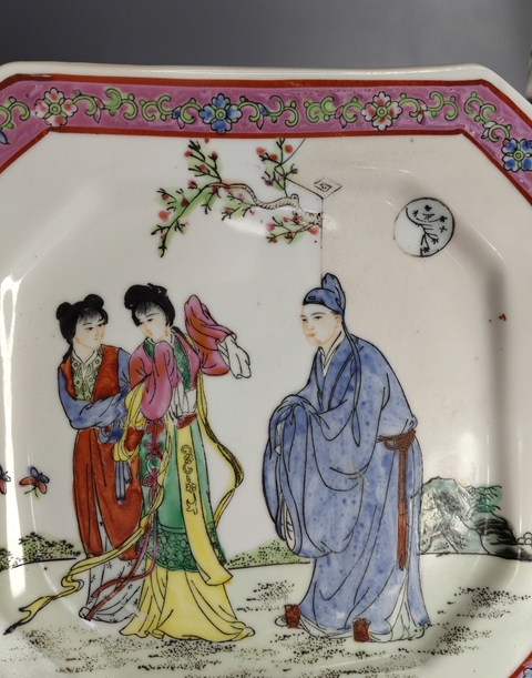 古玩陶瓷粉彩西廂記四方盤真品鑒賞圖