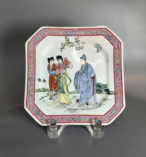 古玩陶瓷粉彩西廂記四方盤真品鑒賞圖