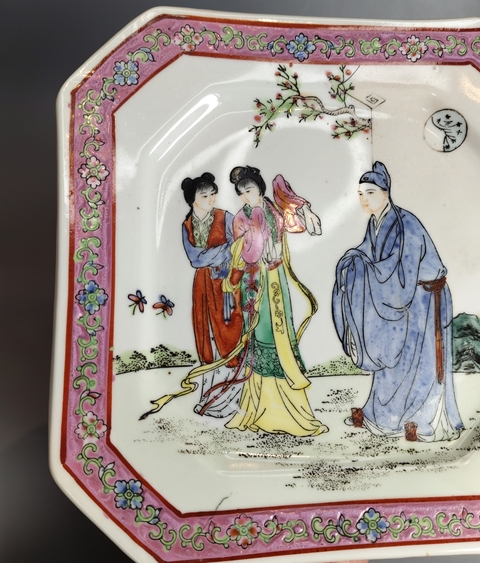 古玩陶瓷粉彩西廂記四方盤真品鑒賞圖