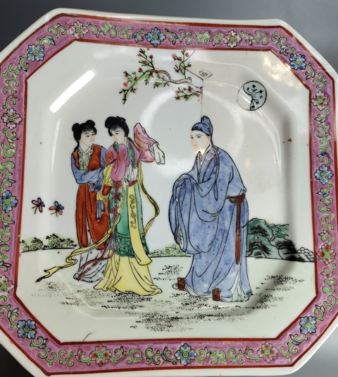 古玩陶瓷粉彩西廂記四方盤真品鑒賞圖
