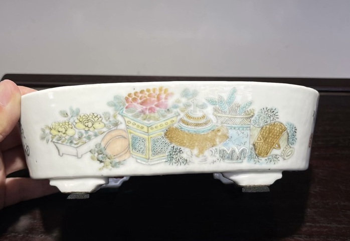 古玩陶瓷淺絳彩水仙盆真品鑒賞圖