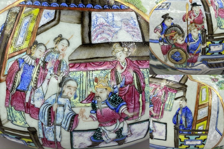 古玩陶瓷豆青釉粉彩人物故事荸薺瓶真品鑒賞圖