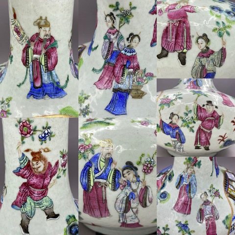 古玩陶瓷豆青釉粉彩人物故事荸薺瓶真品鑒賞圖