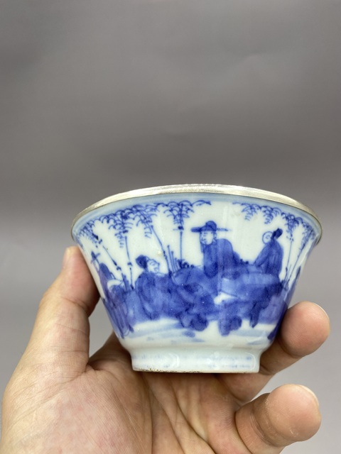 古玩陶瓷清雍正青花高士故事圖斗笠盞真品鑒賞圖