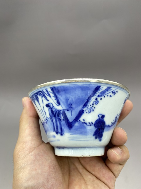 古玩陶瓷清雍正青花高士故事圖斗笠盞真品鑒賞圖