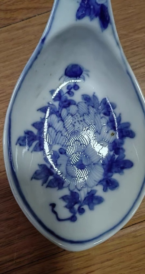古玩陶瓷晚清洋藍料青花花卉紋調羹勺拍賣,當前價格528元
