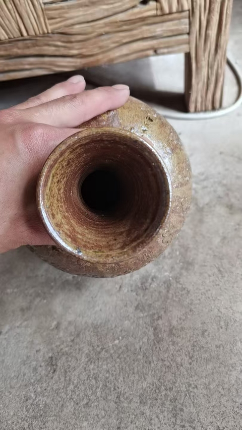 古玩陶瓷褐釉印花盤口瓶真品鑒賞圖