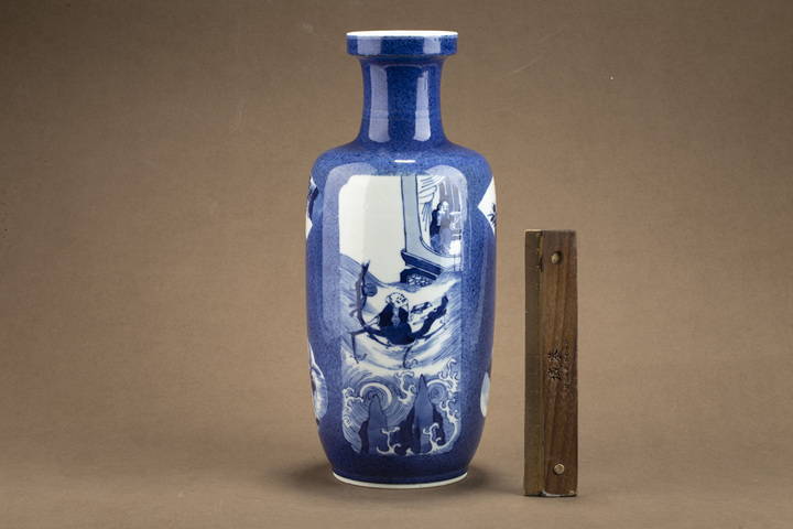 古玩陶瓷清晚·灑藍釉開窗仙人乘槎紋棒槌瓶真品鑒賞圖