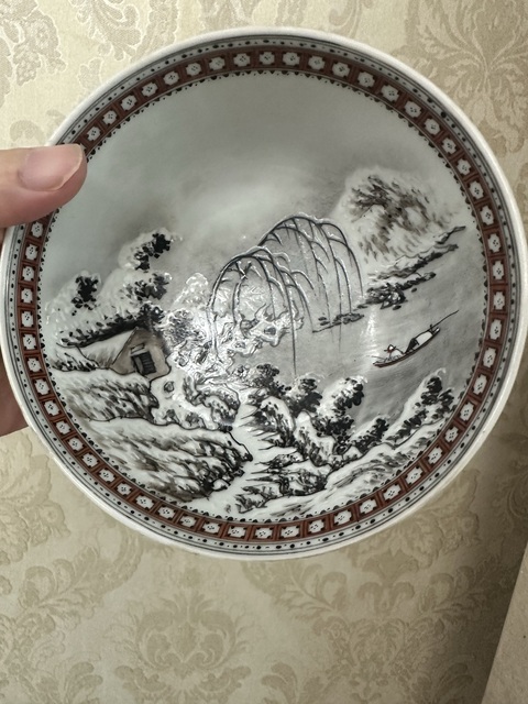 古玩陶瓷雪景山水紋碗真品鑒賞圖