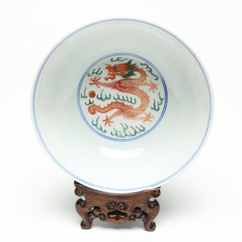 古玩陶瓷清同治青花加五彩龍鳳紋碗真品鑒賞圖