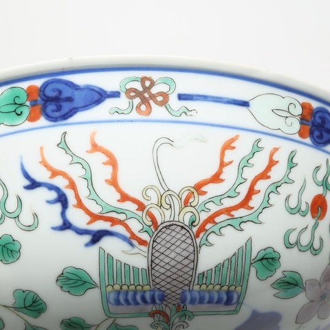 古玩陶瓷清同治青花加五彩龍鳳紋碗真品鑒賞圖