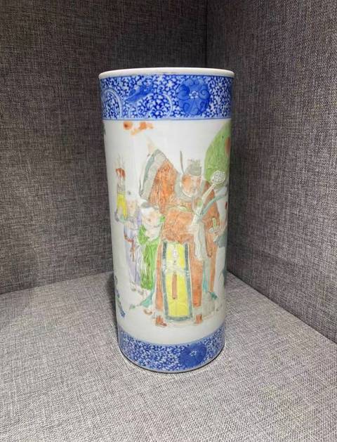 古玩陶瓷汪友棠風格 青花鎖口淺絳彩帽筒真品鑒賞圖