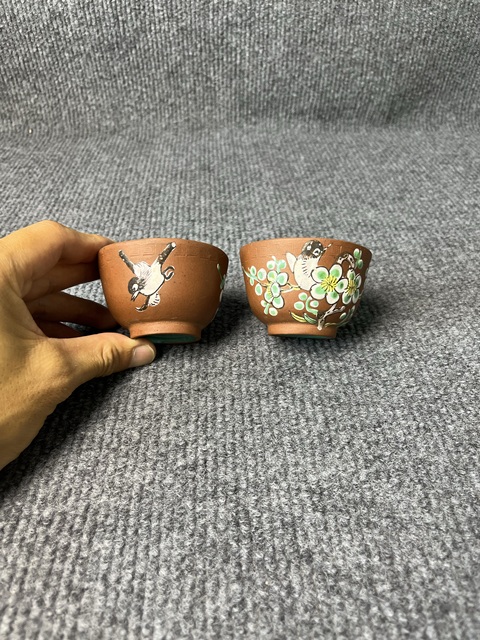 古玩陶瓷紫砂加彩杏林春燕紋杯一對拍賣，當前價格1288元