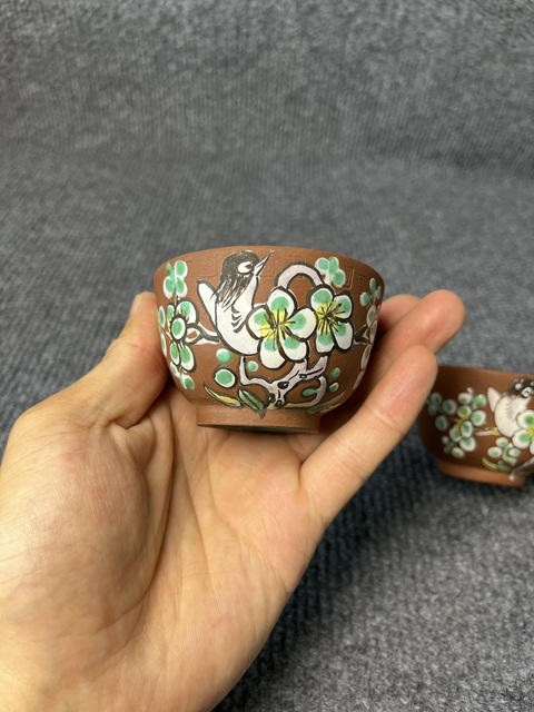 古玩陶瓷紫砂加彩杏林春燕紋杯一對拍賣，當前價格1288元
