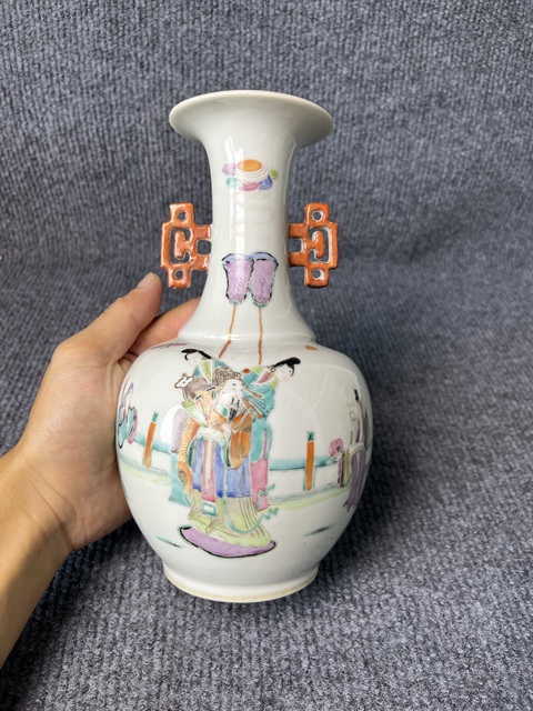 古玩陶瓷粉彩福祿壽三星雙耳賞瓶拍賣，當前價格4888元
