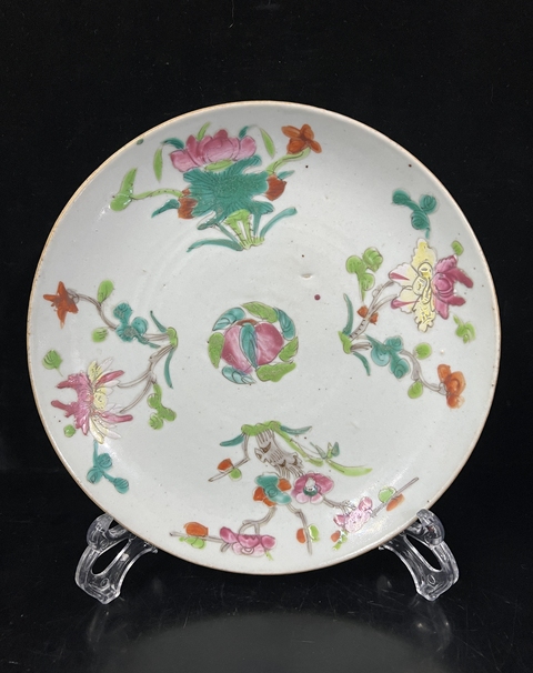 古玩陶瓷粉彩花卉紋飾臥盤真品鑒賞圖