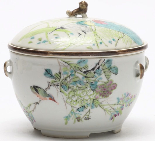 古玩陶瓷清光緒 義茂繪淺絳花鳥暖鍋真品鑒賞圖