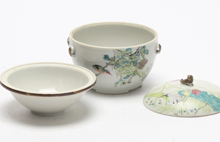 古玩陶瓷清光緒 義茂繪淺絳花鳥暖鍋真品鑒賞圖