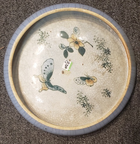 古玩陶瓷哥釉地黃綠彩花蝶紋洗真品鑒賞圖