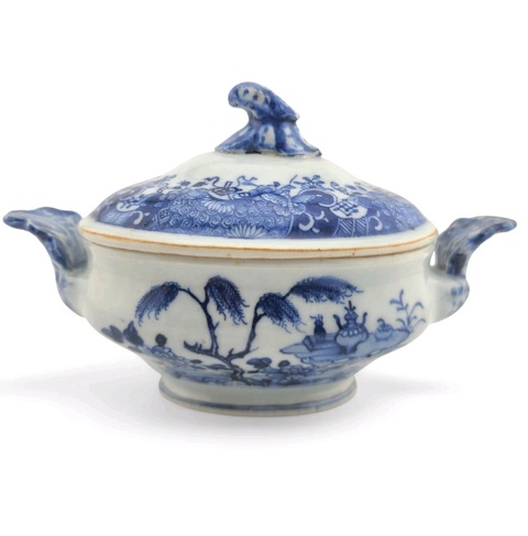 古玩陶瓷青花亭臺樓閣山水紋蓋鍋真品鑒賞圖