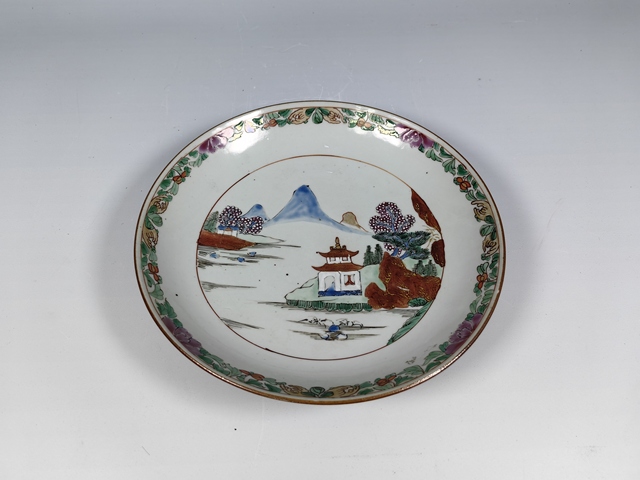 古玩陶瓷清雍正五彩風景山水紋賞盤真品鑒賞圖