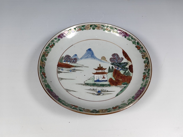 古玩陶瓷清雍正五彩風景山水紋賞盤真品鑒賞圖