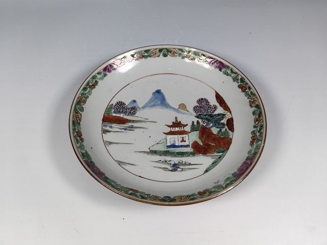 古玩陶瓷清雍正五彩風景山水紋賞盤真品鑒賞圖