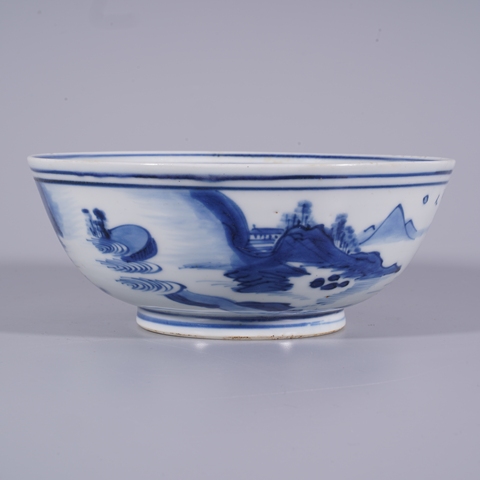 古玩陶瓷人物山水紋青花碗真品鑒賞圖