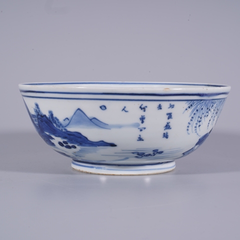 古玩陶瓷人物山水紋青花碗真品鑒賞圖