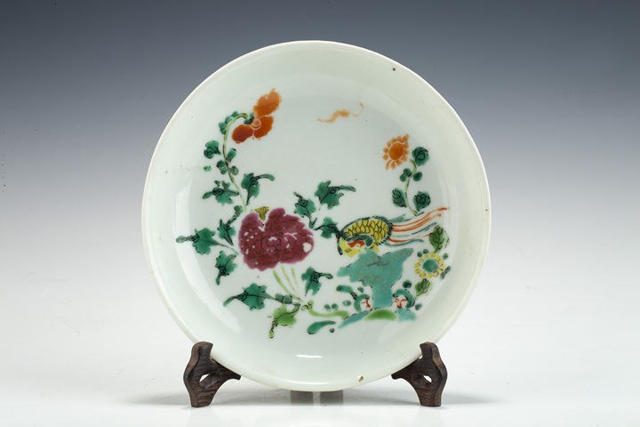 古玩陶瓷清中·粉彩錦雞牡丹紋盤真品鑒賞圖