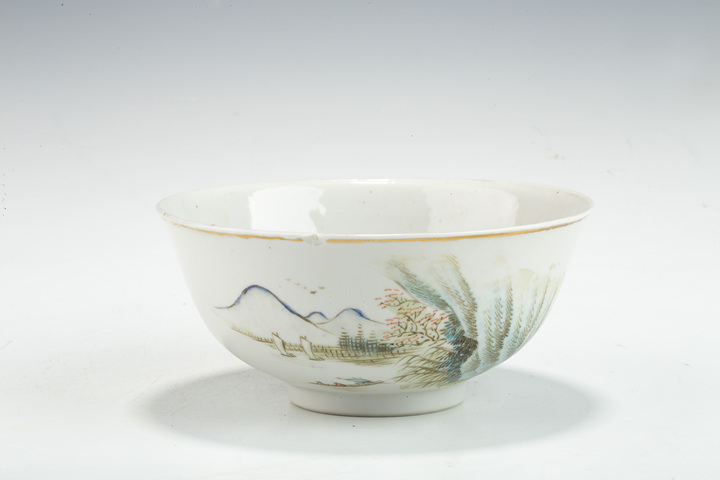 古玩陶瓷民國·淺絳彩山水詩文碗真品鑒賞圖