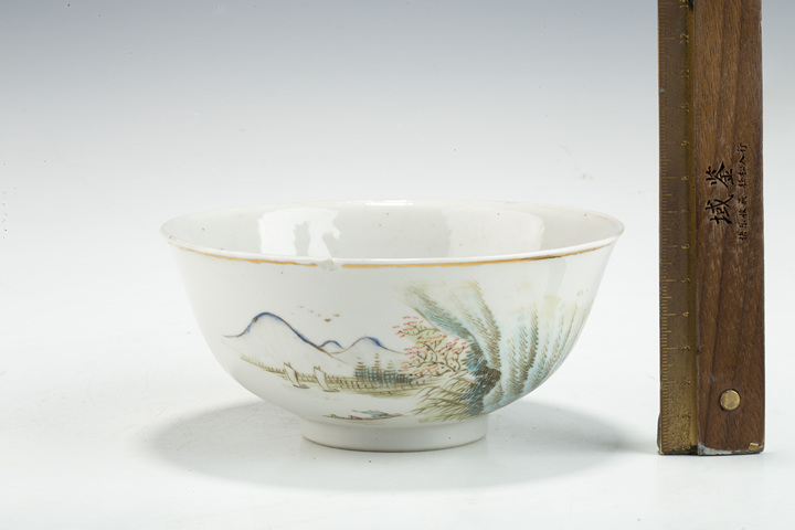 古玩陶瓷民國·淺絳彩山水詩文碗真品鑒賞圖