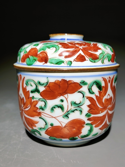 古玩陶瓷紅綠彩蓋缸真品鑒賞圖