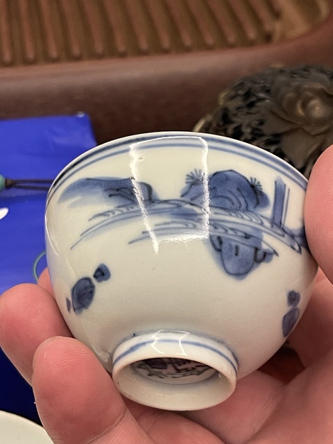 古玩陶瓷青花山水人物茶碗真品鑒賞圖