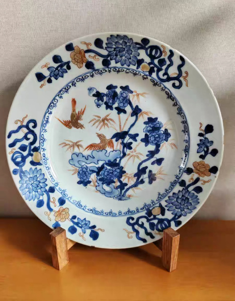 古玩陶瓷青花礬紅描金花鳥紋盤真品鑒賞圖