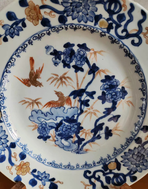 古玩陶瓷青花礬紅描金花鳥紋盤真品鑒賞圖