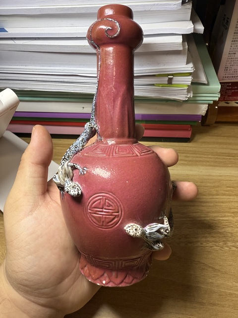 古玩陶瓷胭脂紅釉螭龍紋蒜頭瓶真品鑒賞圖