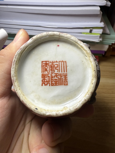 古玩陶瓷胭脂紅釉螭龍紋蒜頭瓶真品鑒賞圖
