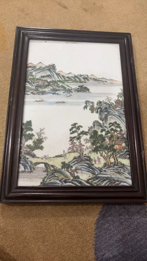 古玩陶瓷粉彩山水通景人物瓷板真品鑒賞圖