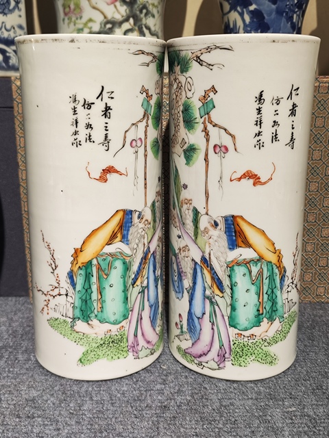 古玩陶瓷粉彩人物福祿壽帽筒真品鑒賞圖