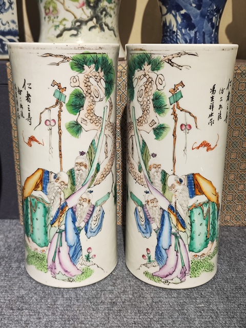 古玩陶瓷粉彩人物福祿壽帽筒真品鑒賞圖