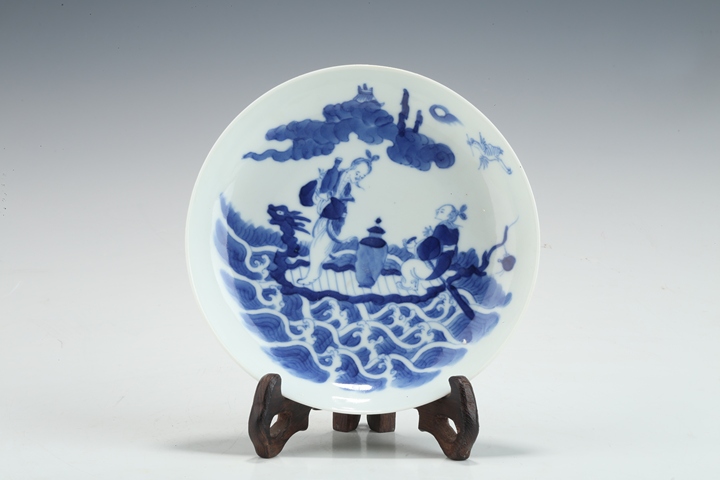古玩陶瓷清中晚`青花仙人乘槎紋盤(pán)真品鑒賞圖
