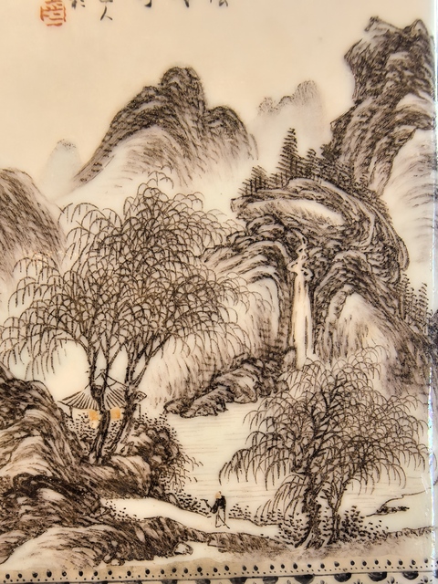 古玩陶瓷墨彩通景山水倭角四方筆筒真品鑒賞圖