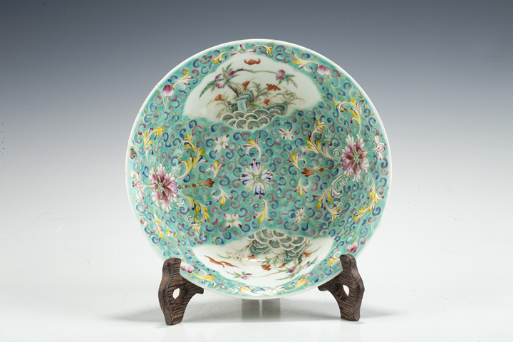 古玩陶瓷民國·松石綠地粉彩開窗靈仙祝壽紋碗拍賣，當前價格1752元